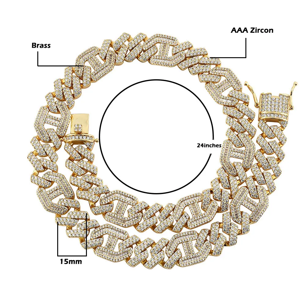 

Wholesale 15mm Thick Men Iced Out 2 Rows Prong CZ Baguette Diamond Letter Splicing Cuban Link Chain, Silver,gold