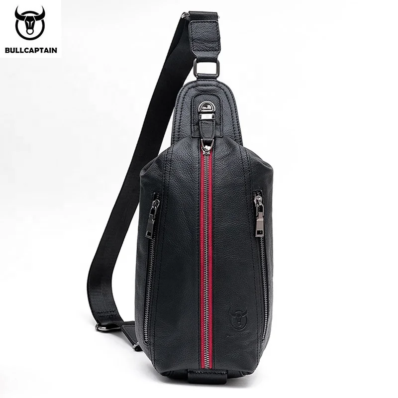 

BULLCAPTAIN men's leather shoulder bag chest backpack messenger bag with earphone hole chest bag for travel, hiking, cycling