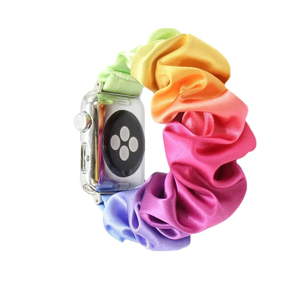 

Wholesale Elastic Rainbow Silk Satin Smart Watch Strap Flower Scrunchies Apple Watch Band for Series 1 2 3 4 5 6