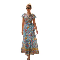 

Fashion Elegant Bohemian V-neck Casual Dresses Printed Long Ladies Maxi Women Dresses Summer Beach