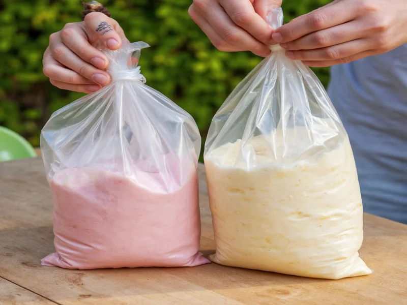 Shaking ice cream mixture in plastic bags outdoors