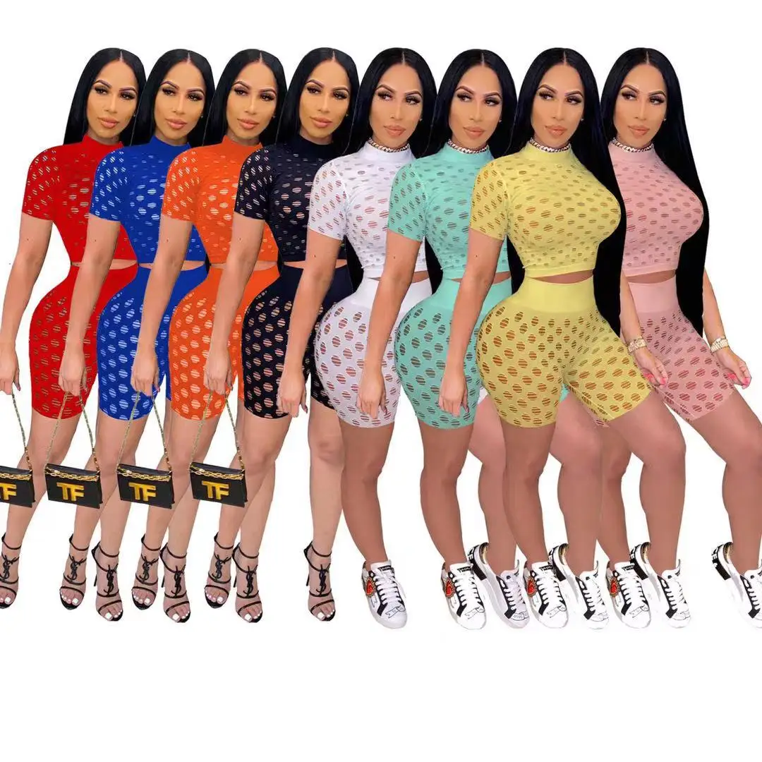 

2021 summer new style short-sleeve high elastic breathable holes fabric hollow out mesh sheer 2-piece set top bottom women set