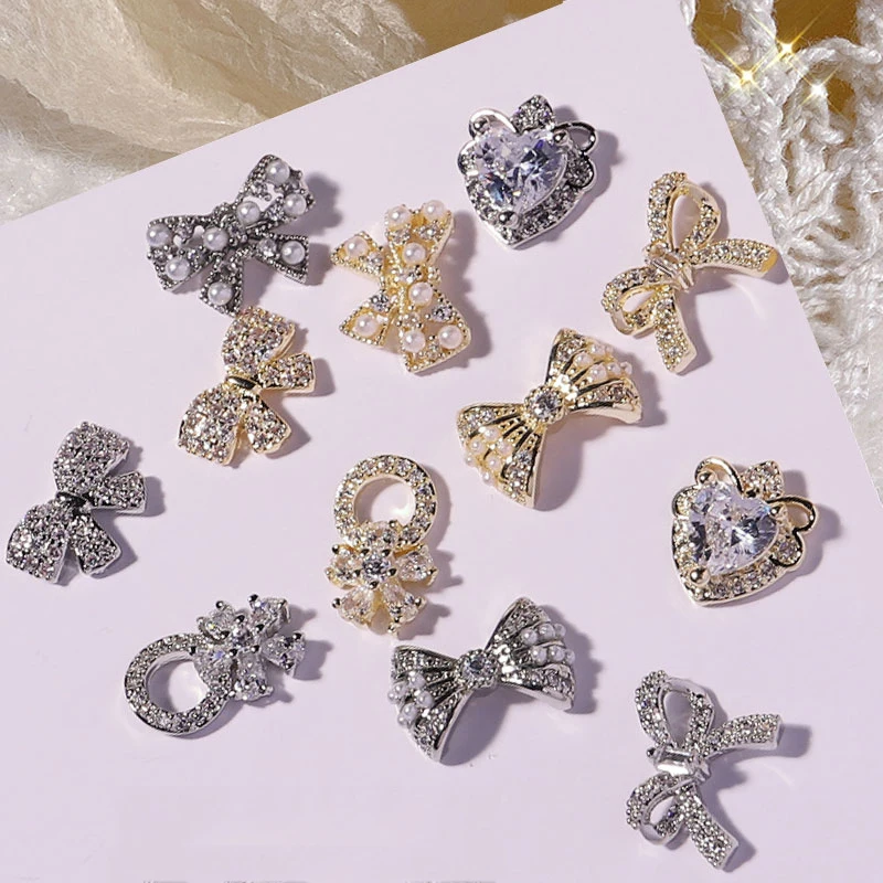 

3D Fashion Bow Heart Nail Art Jewelry Zircon Crystal Alloy Pendant Pearls for DIY UV Gel Nail Art Decorations, Gold, silver
