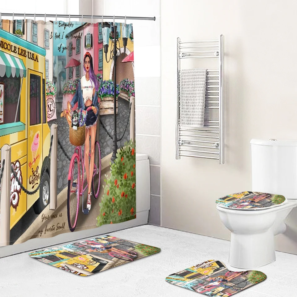 

European Kids Cartoon COCOMELON 3D Custom Printed Baby Shower Curtains Poles Set For Bathroom For Kids