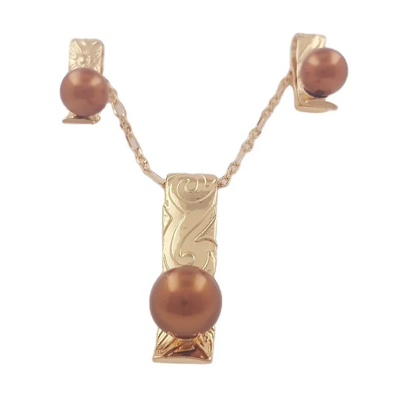 

hawaiian heirloom jewelry gold plated engraved necklace pendant flower polynesian jewelry plumeria set pearl stud earring