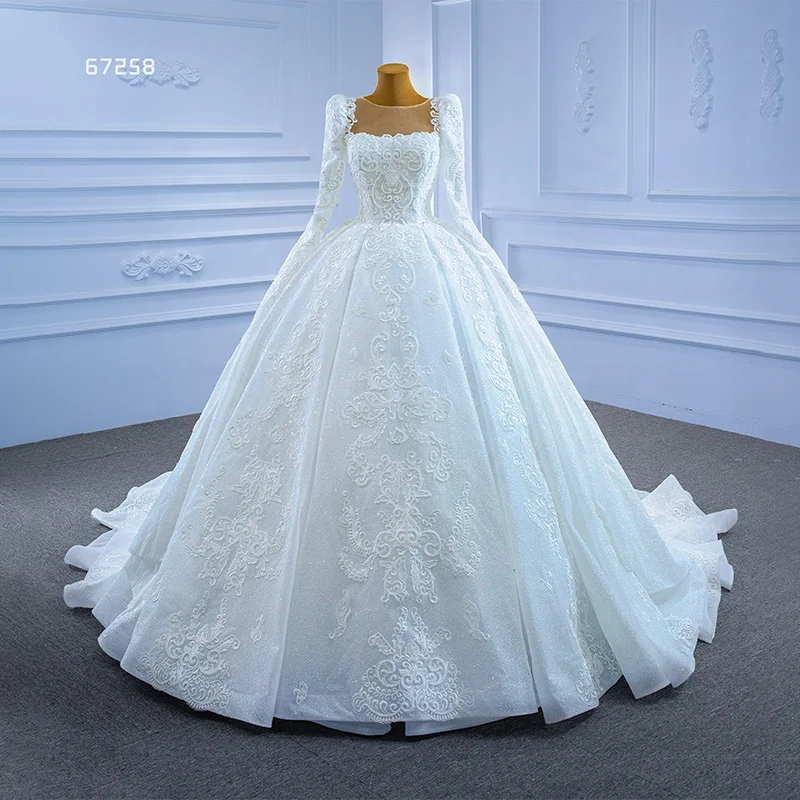 

Jancember RSM67258 White Elegant Long Sleeve Square Neck Open Back Lace Wedding Dress
