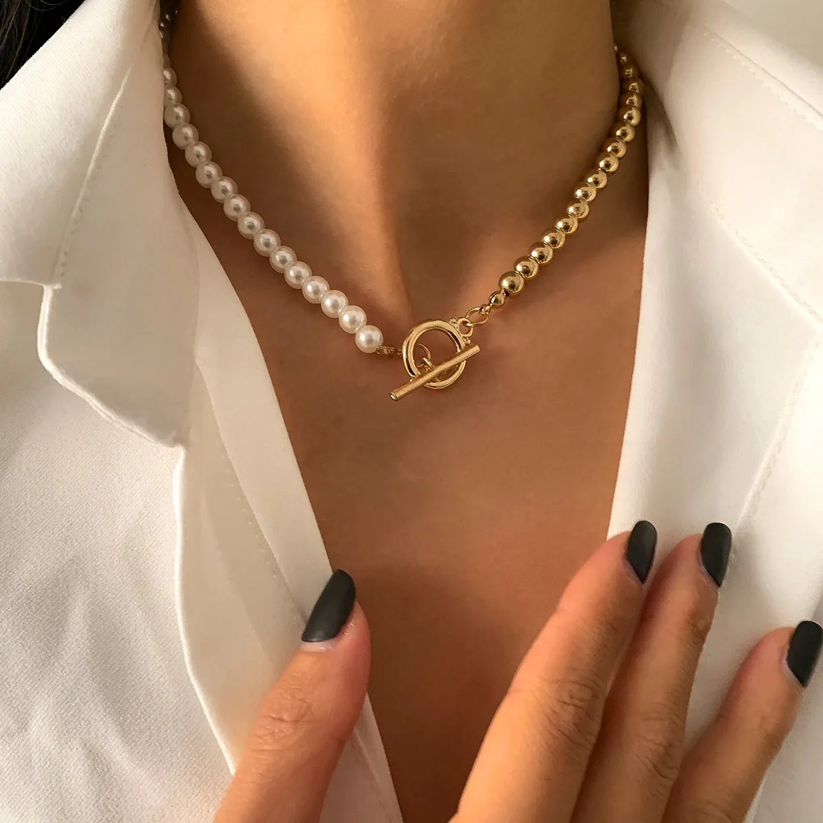 

2021 New Fashion Baroque Pearl Chain Necklace Women Collar Wedding Punk Toggle Clasp Circle Lariat Bead Choker Necklaces Jewelry, Gold,silver,rose gold,black