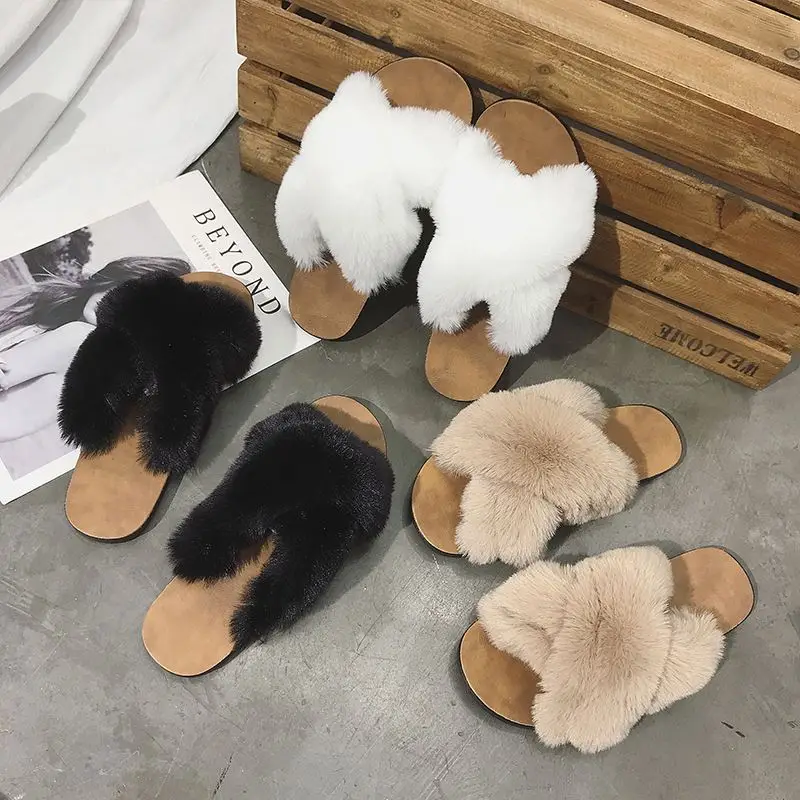 

women winter slippers furry slippers cross faux fur upper slippers for women indoors outdoor slides, White/black/khaki