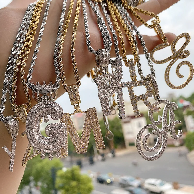 

Custom Brass Hip Hop Cubic Zircon Letters Cursive Initial Pendant Necklaces For Women Iced Out Alphabet Letter Necklace Chain, Silver gold