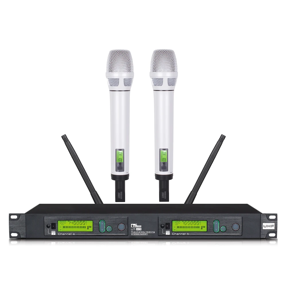 

Professional True Diversity Dual Channel UHF Wireless Microphone for performance, White
