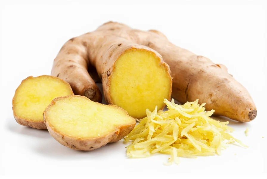 Fresh ginger root with sliced pieces showing fibrous interior and grated form for culinary and medicinal applications