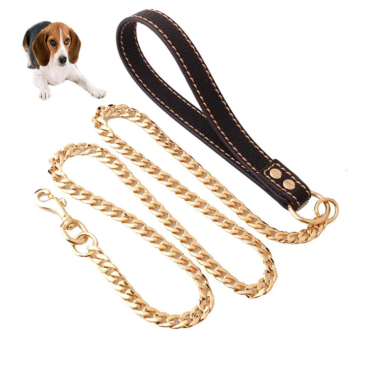 

Drop shipping gold dog lead stainless steel metal gold dog leash cuban link dog chain with leather handle, Gold,rose gold,silver,black