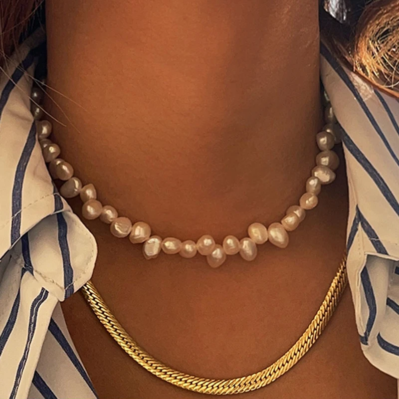 

Stainless Steel Natural Freshwater Pearl Necklace Irregular Baroque Pearl Choker Necklaces Women French Elegant Romantic Jewelry