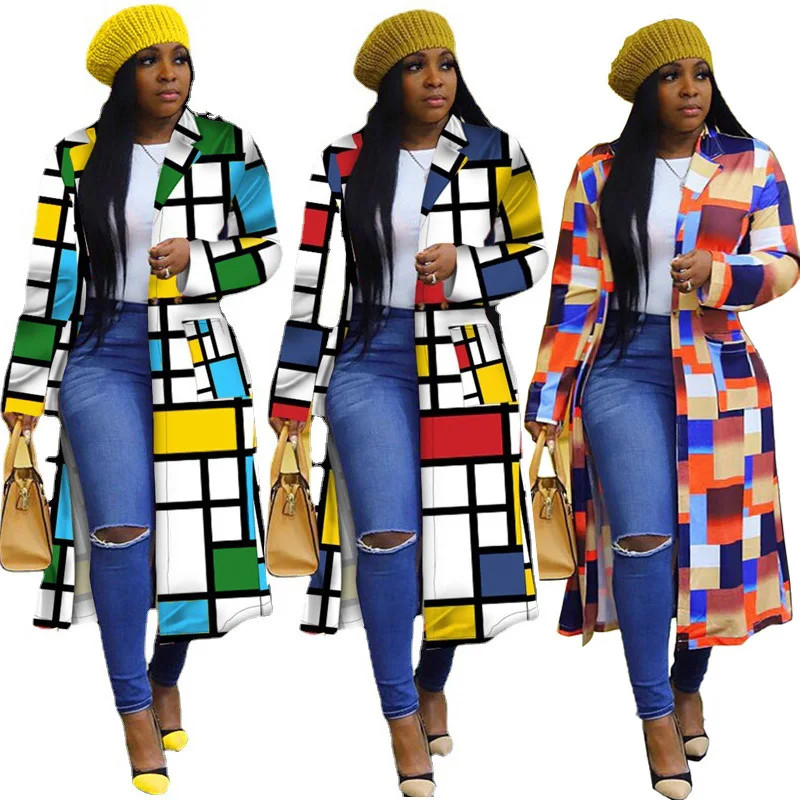 

2022 S-5XL Plus size Hot Sale Color Block Plaid Woolen Coat Ladies Turn Down Collar Fashion Winter Jacket Long Style Trench Coat, Photo color