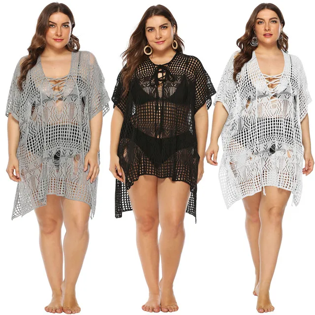 

New Plus Size Women's Loose Irregular Hollow See-through Beach Bikini Blouse, Picture color