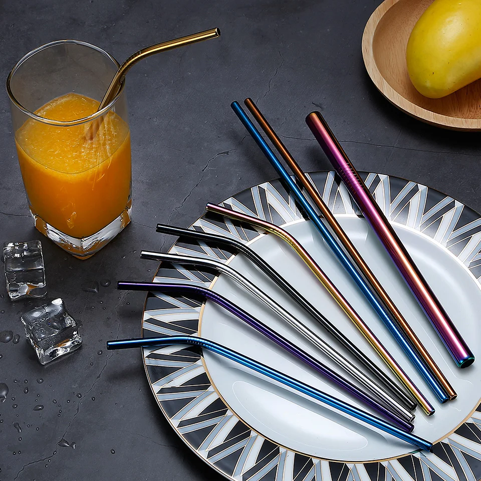 

2021 New Eco Food Grade Party Bar Accessory Colorful Reusable Stainless Steel Metal Drinking Straws With Cleaning Brush