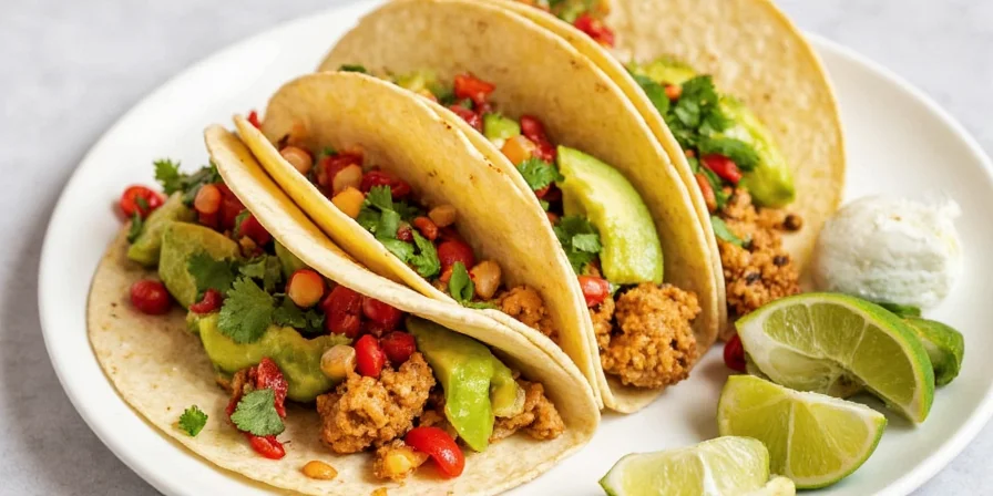 Adobo jackfruit taco topped with apple cider slaw and barbecue drizzle