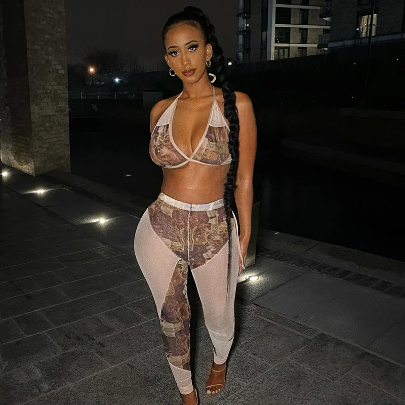 

New Clothes Contrasting Printed Tether Bra and High Waist Pants Women 2 Piece Sexy Set, Customized color