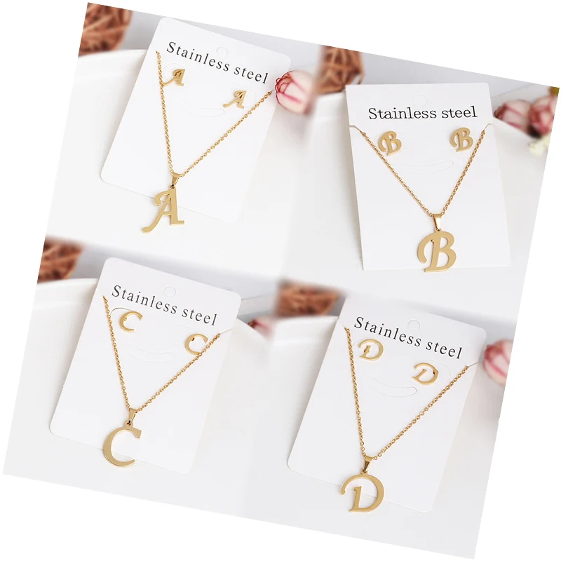 Unisex Stainless Steel Letter Pendant Necklace And Earrings Set Women Girls Gold Plated Alphabet Stud Earrings Jewelry Set