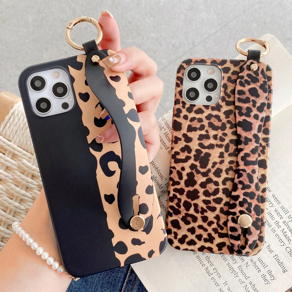 

Fashion Leopard Phone Case with Hand Strap for iPhone 12 Wrist Strap Stand Holder Case for iPhone 11 Pro Max XR Xs 8 7 Plus, Brown, blue, pink