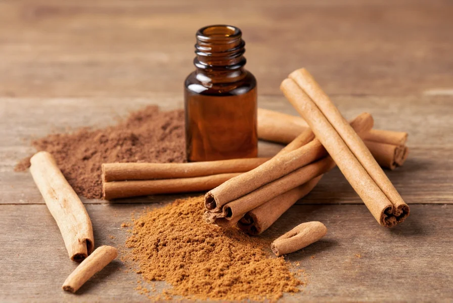 Selbstgemachte Zimt-Räucherstäbchen Zutaten mit Zimtstangen, Pulver und ätherischem Öl