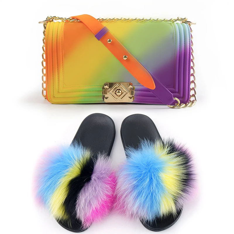 

stylish Jelly Purses and slides For Women colorful PVC Rainbow match fur slippers Furry Sandals Slipper Shoe