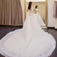

hb10875a off the shoulder with a big tail wedding dress 2020 new Korean bridal lace wedding dress