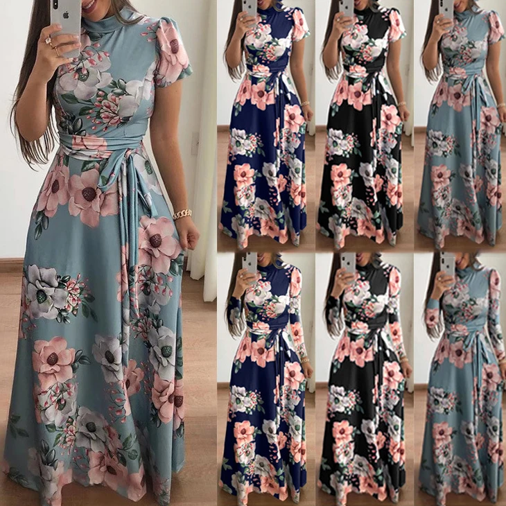 

2022 Hot sale Women's Flower Printed Long Casual plus size dress High Neck Belt Elegant Long and Short Sleeve dresses