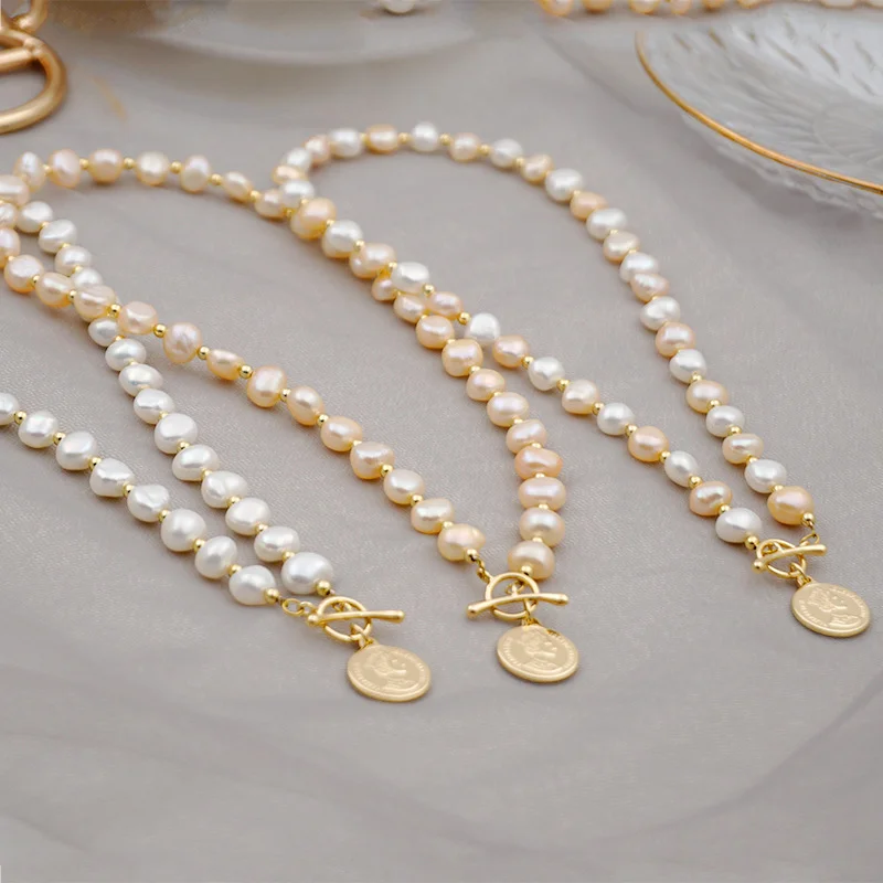 

18K gold plated OT clasp 7-8mm baroque shape freshwater pearl beads women necklace