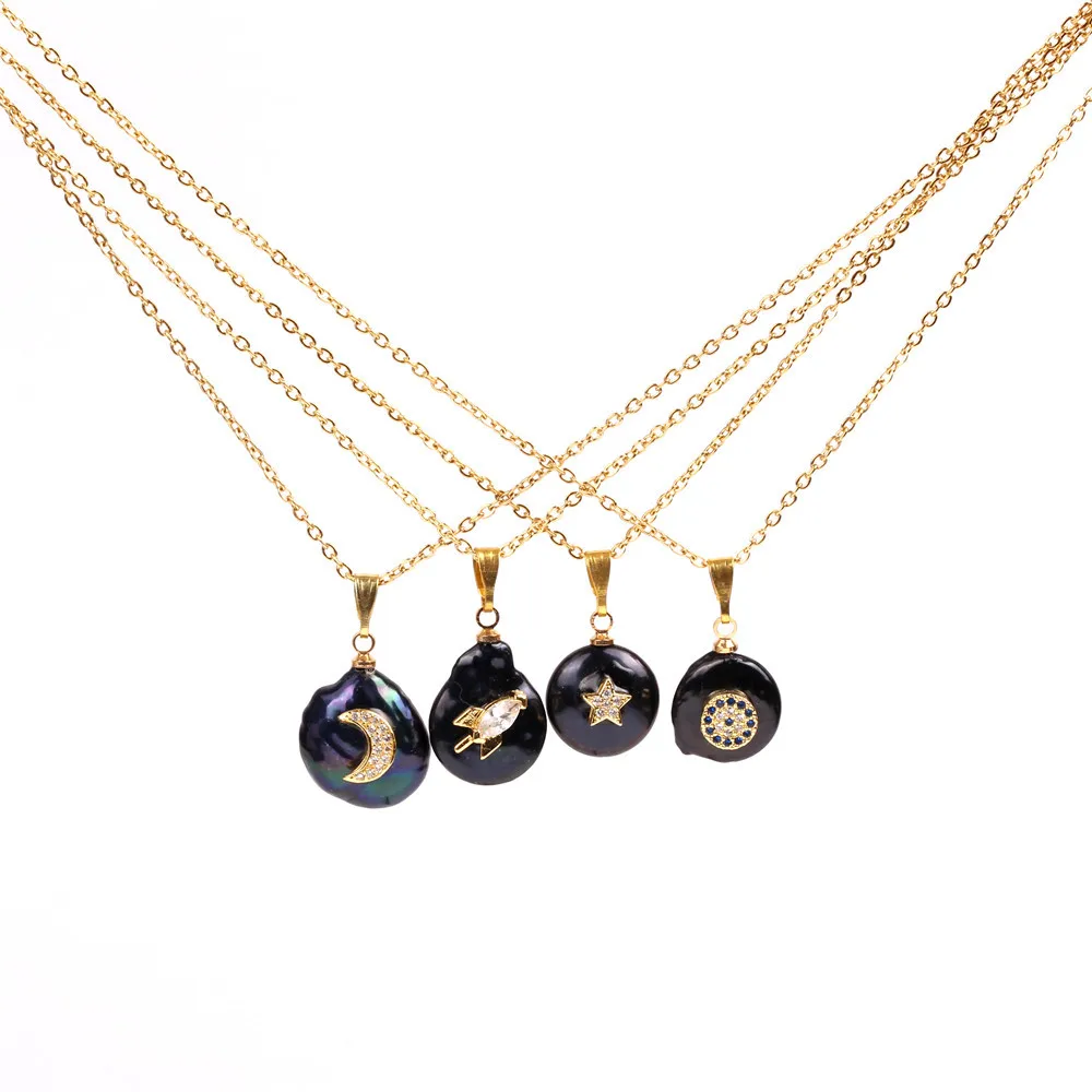 

Fashion Black Irregular Pearl Moon Star Pendant Necklace 18k Gold Plated Baroque Pearl Turkish Necklace For Women