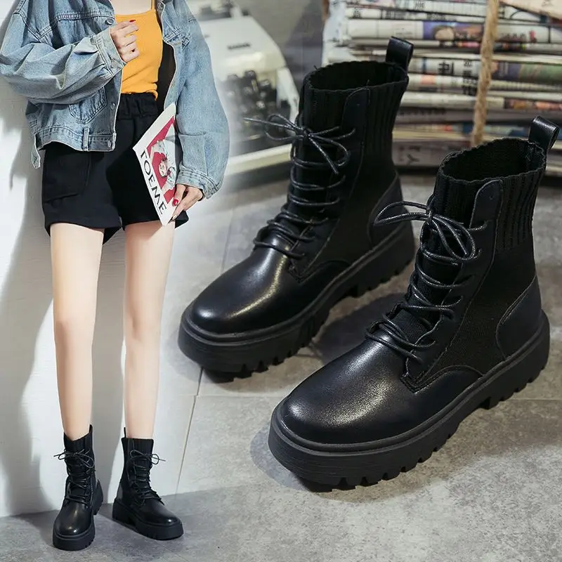 

2019 New Black Socks British Boty Boots Height Increased Women Ankle Winter Chunky martens Female Boots