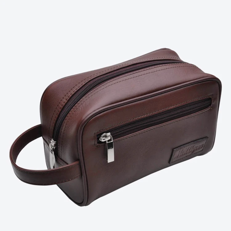 

Popular design brown Leather Washing Bag cosmetic bag zipper makeup bag