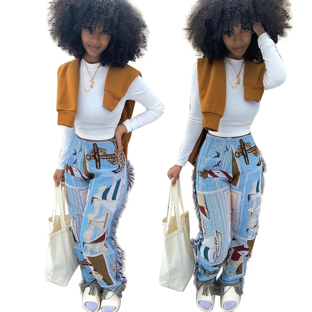 

Fashion Ladies Street Trousers Printed Tassels Loose Summer Casual Women Long Brazilian PANTS TROUSERS