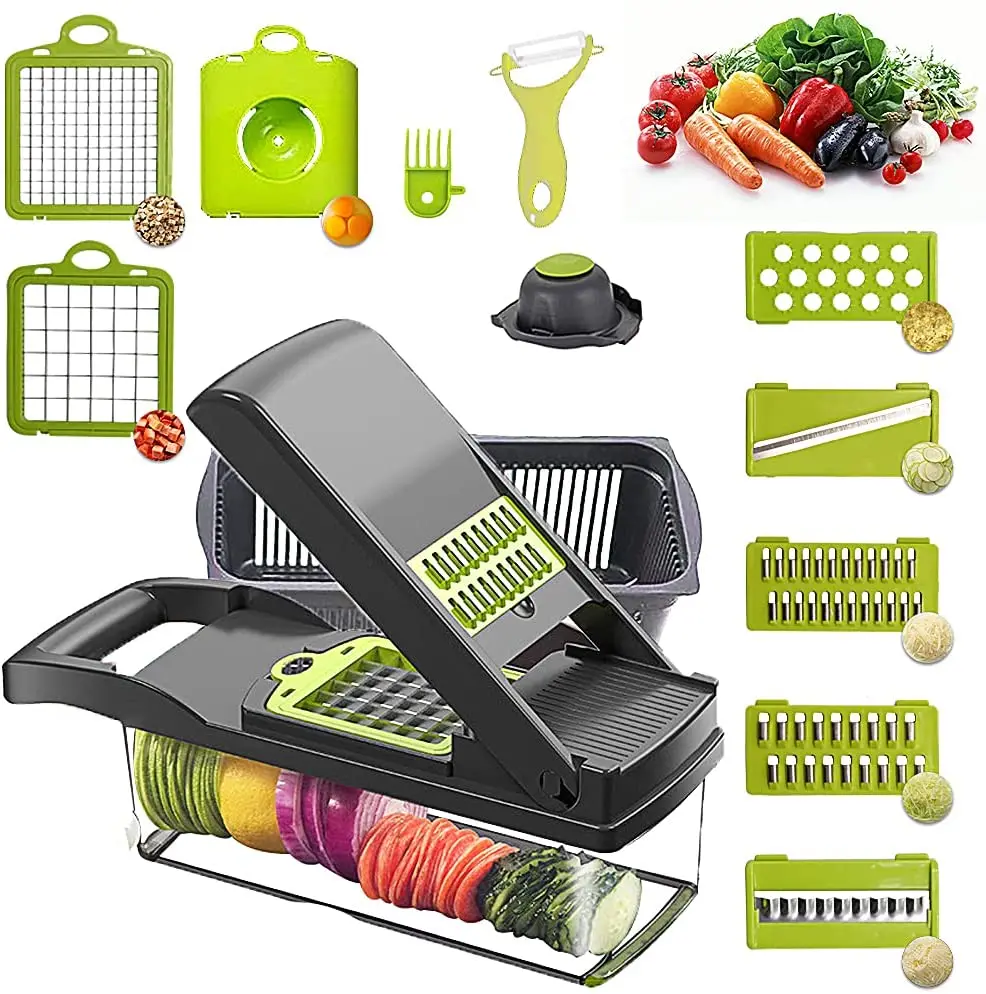 

Gray Vegetable Chopper Slicer Cutter Chopper and Grater 12 in 1 Vegetable Slicer Cheese Slicer Onion Chopper Black