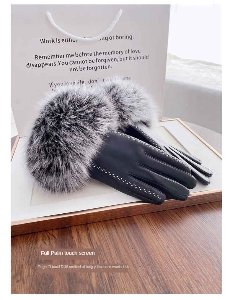 
Ladies winter leather sheep leather warm fox fur stylish and elegant touch screen gloves 