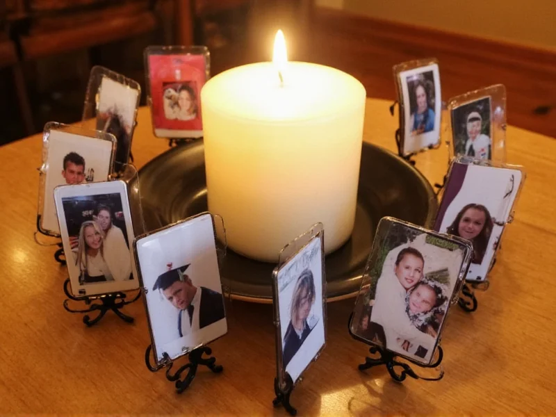 Graduation centerpiece with small photo frames arranged around candle