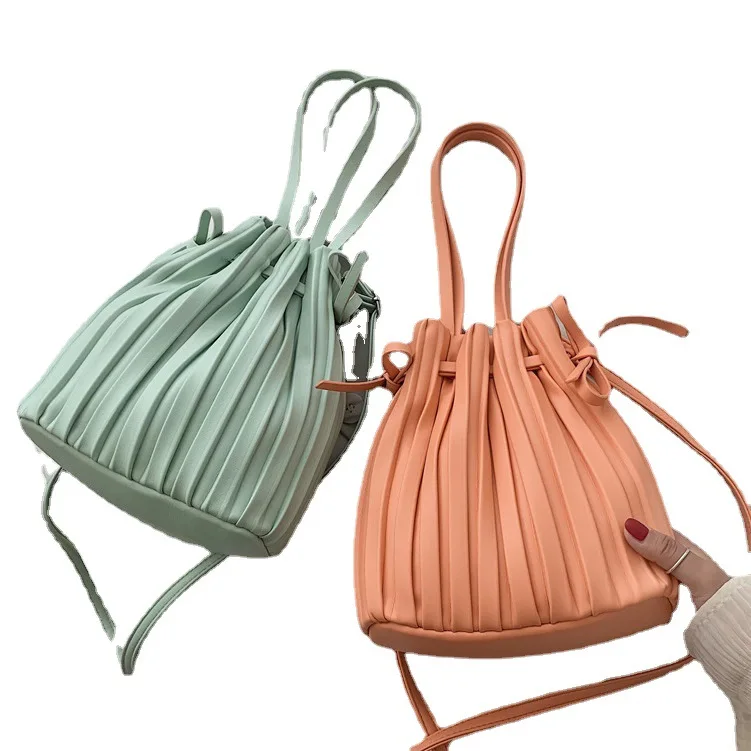 

Famous Design PU Leather Shoulder Bags Pleated Stripe Bucket Bags Ladies Crossbody Bag For Women Handbag 2021 Handbag sac a main, 5 colors as shown