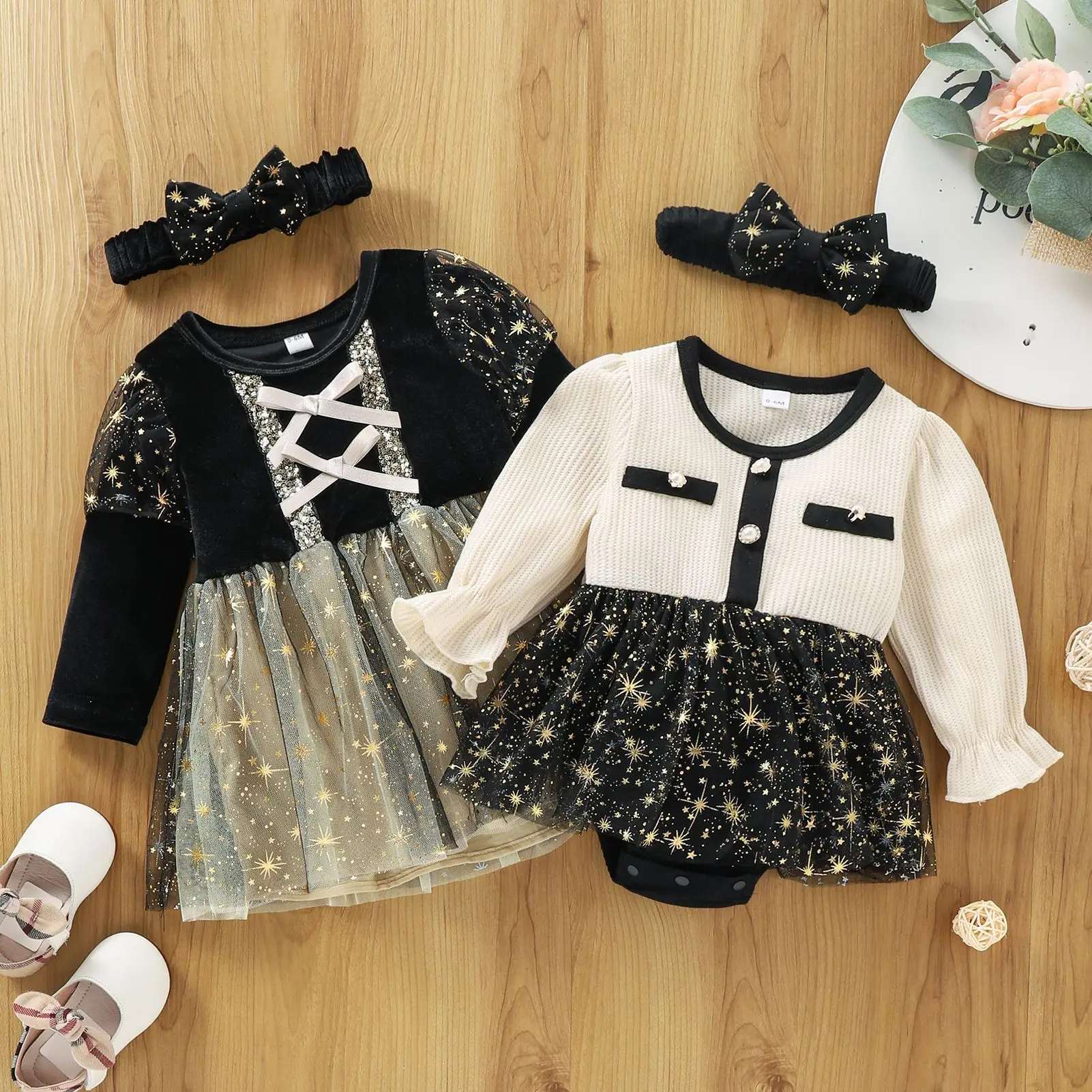 

Wholesale Baby Girls Jumpsuit Headband Ruffled Long Sleeve Shining Tulle Patchwork Princess Dress Babies Romper