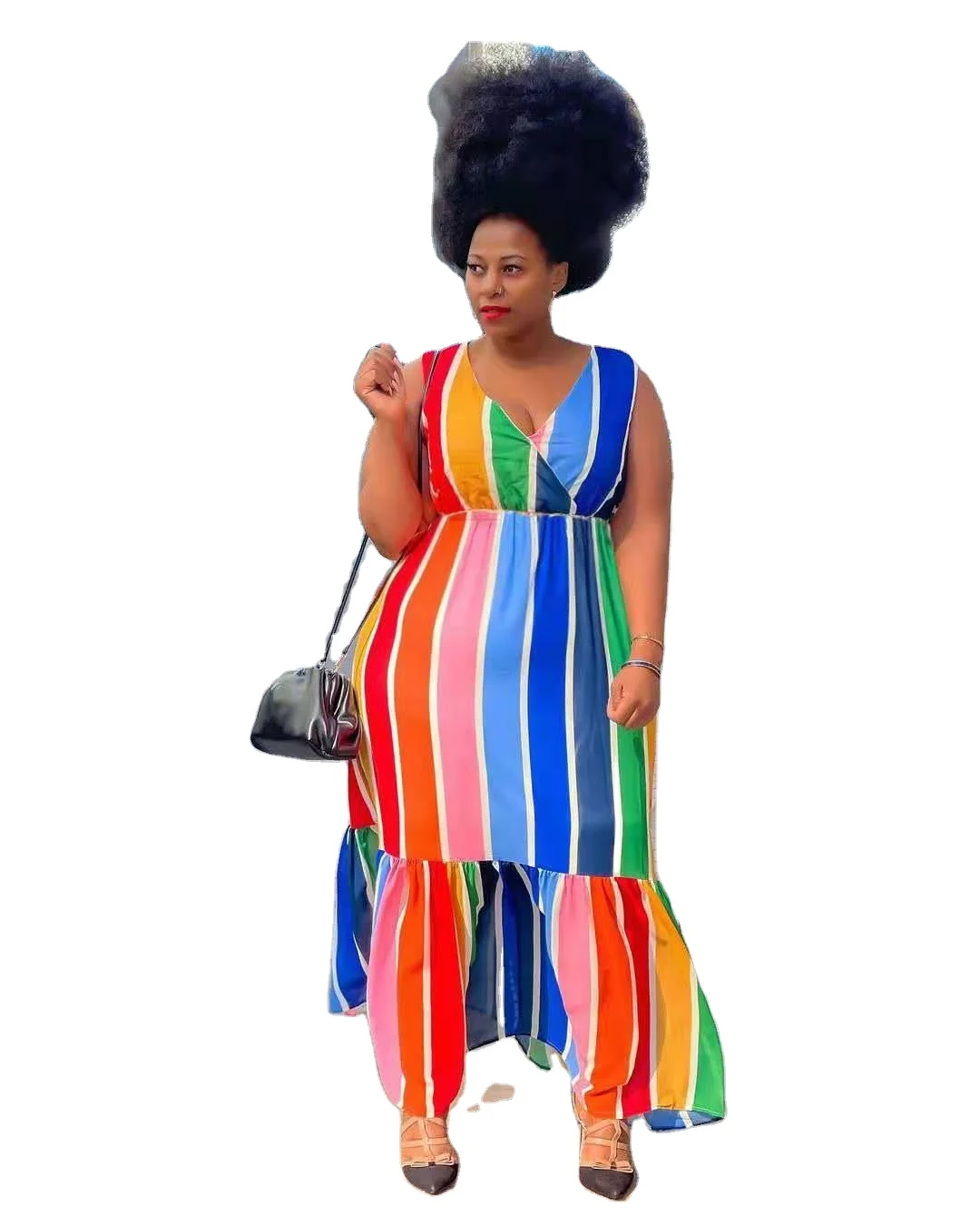 

2021 new summer hot style colorful striped print sleeveless women plus size dress