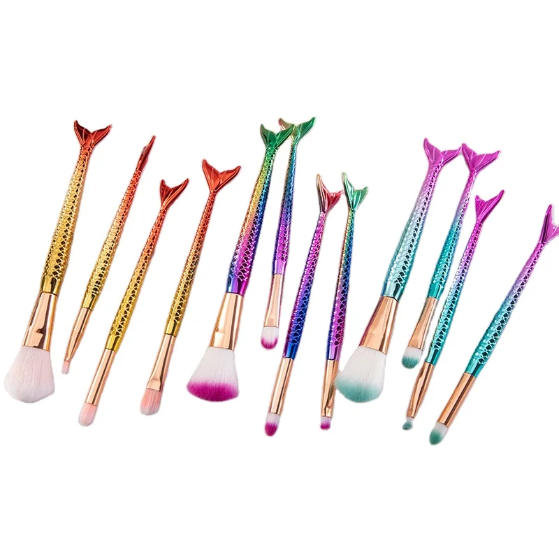 

New 4 colorful mermaid makeup brushes, gradient tail trimming loose powder brush,, 3 colors