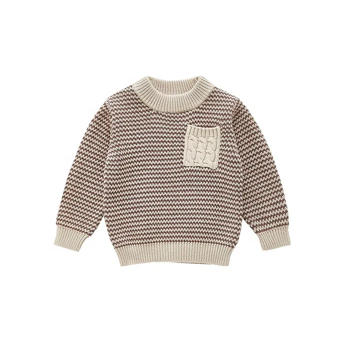 

Hot Sale Fashion Clothing Kids 0-neck Knitted Sweater Kids Striped Sweater with Pocket, Accept customized color