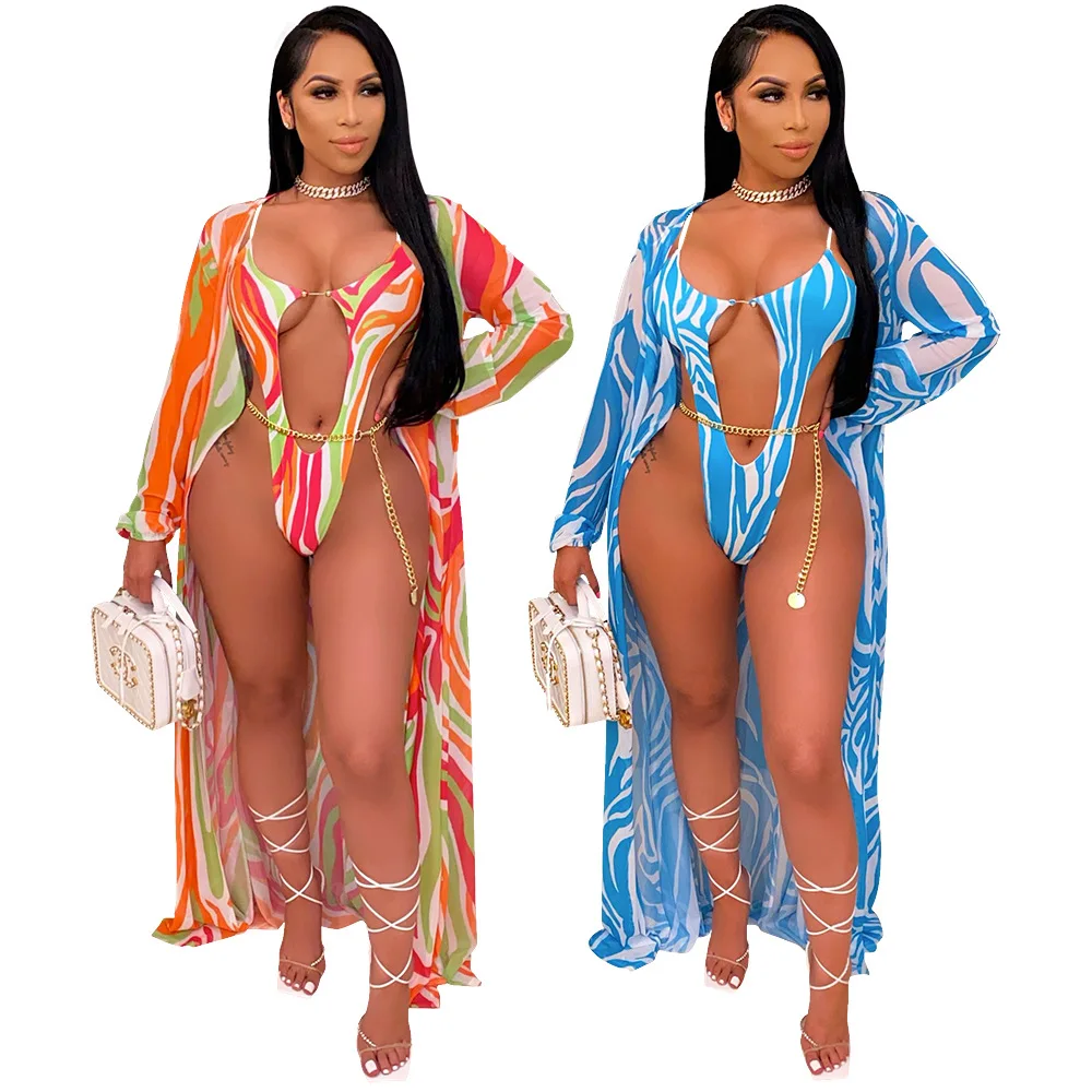 

2021 New Design Sexy Fashion Women's Long Sleeved Printed Cloak One piece Swimsuit Beach Wear 2 Piece Sets, Picture