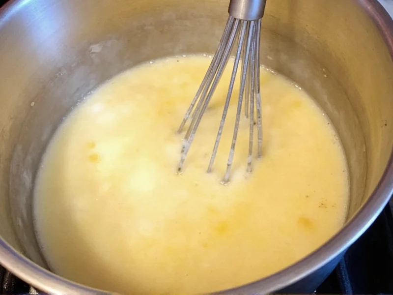 Whisking warm milk into golden roux in saucepan