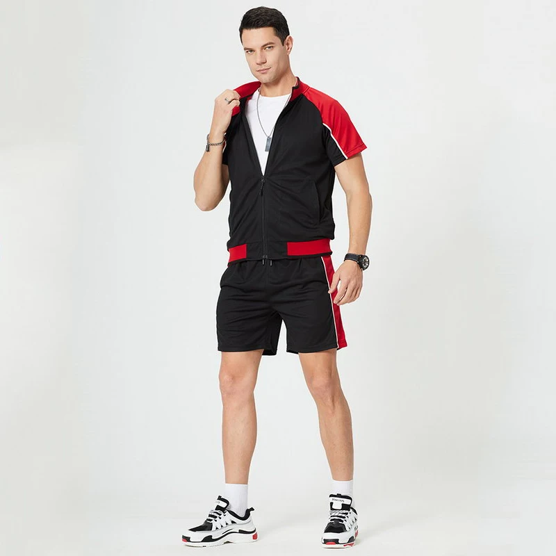 

Summer Short Sleeve Sports Two-Piece Mens Zipper Cardigan Factory Direct Color Matching Two Pieces Suit, As pictures