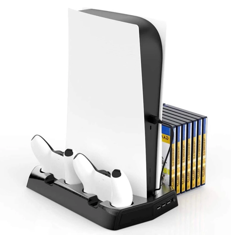 

Charging Stand For PS5, Indicators Cooling Fan 3 USB Ports Multi-Function Controller Charger Station with Game Storage Bracket//, Black