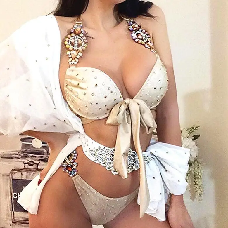 

2020 STOCK Nude Push Up Swimwear Diamond Bikini Jewel Crystal Sexy Women Swimsuit