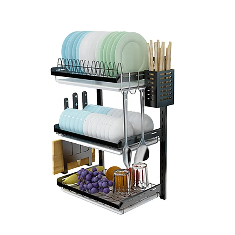

JX- Wall Mounted Stainless Steel Dish Drain Rack Multi-purpose Plate and Bowl Drying Rack Includes 3 Drain Trays and 3 Hooks, Black