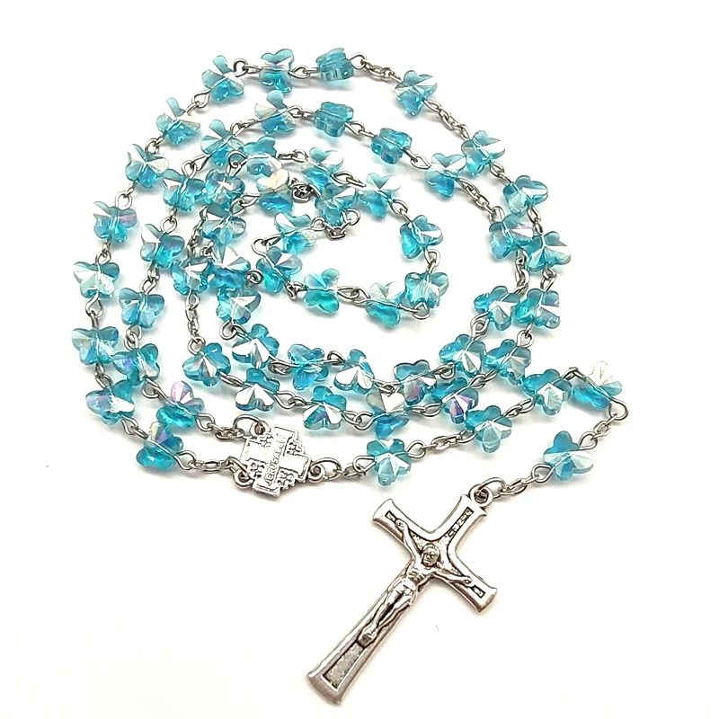 

Newest 7*8 mm Blue Glass Beads Crystal Butterfly with AB Finished Customize of Catholic Pray Rosary for Female