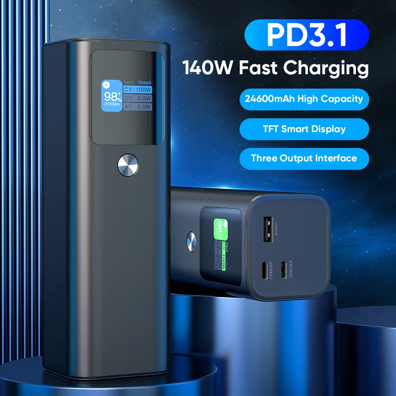

PD3.1 140W Power Bank for laptops 24600mAh high Capacity TFT smart display three output interface super fast charging power bank
