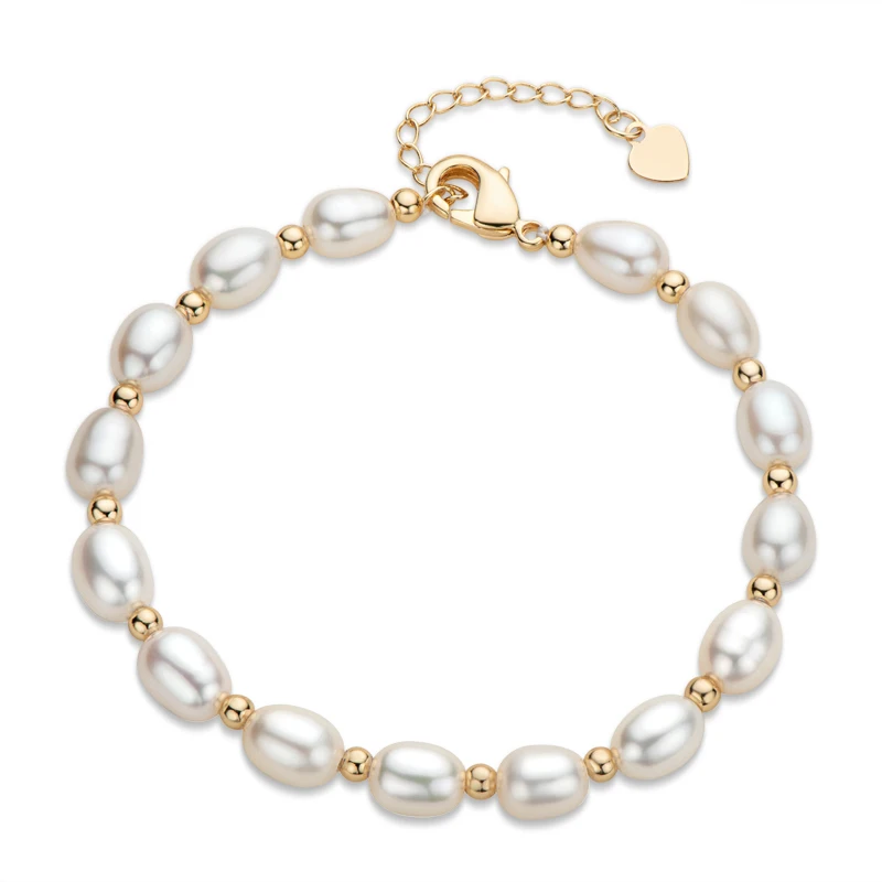 

Not Round 6-6.5mm Natural White Freshwater Pearl Strand Bracelet in 14K Gold Filled Adjustable Chain Birthday Jewelry, Yellow gold